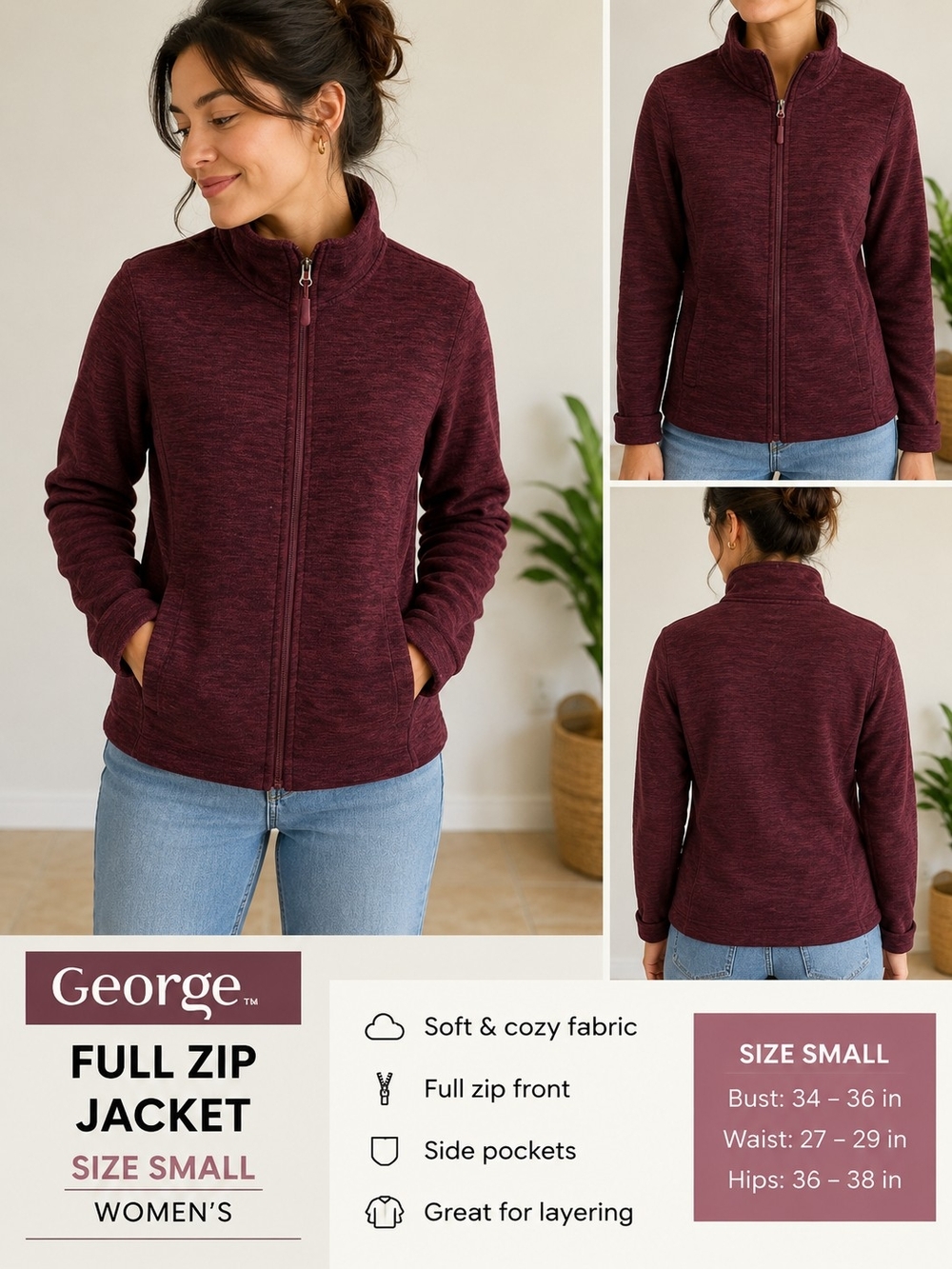 George Full Zip Jacket in Burgundy Heather